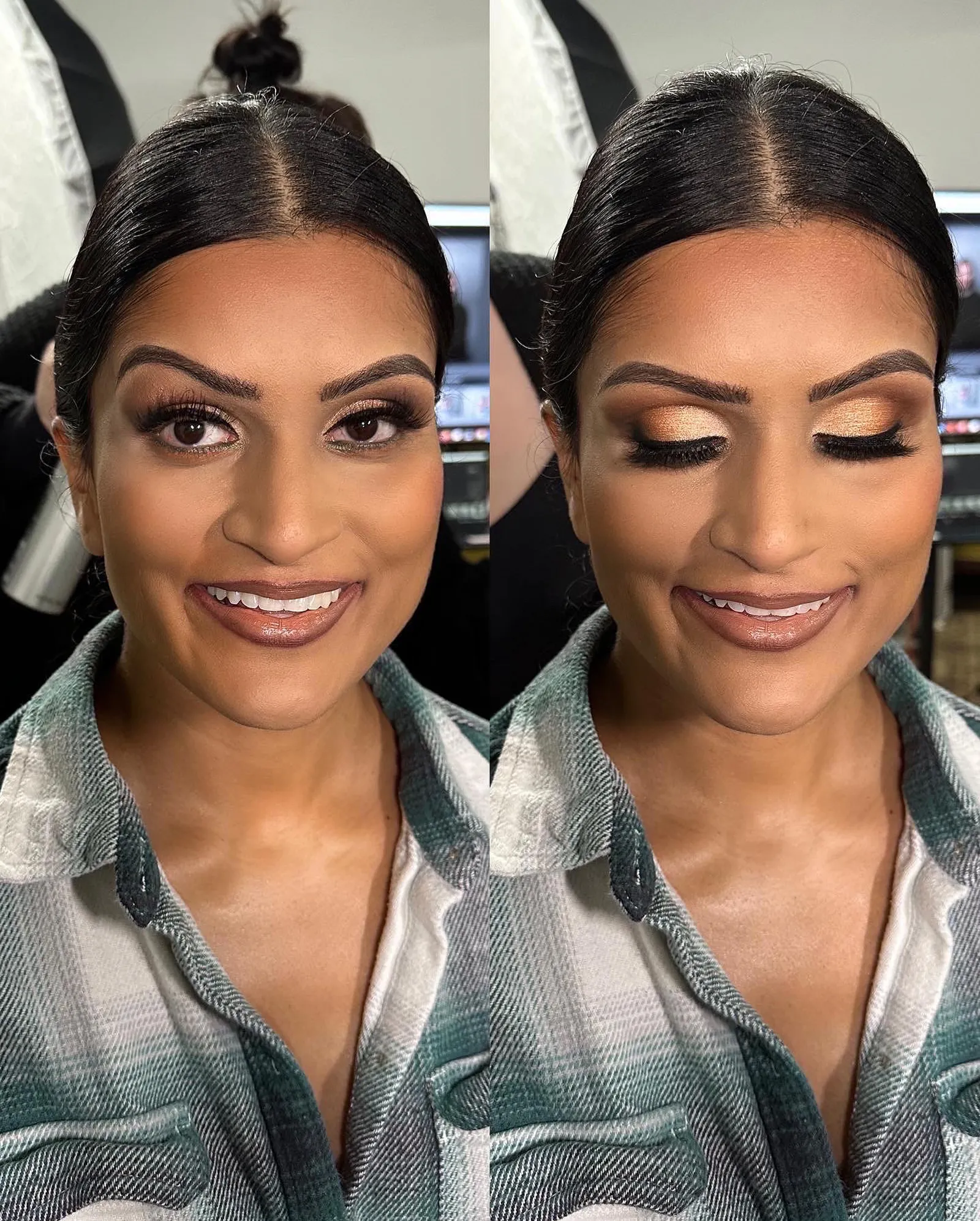 A finished glam look shown twice side by side, eyes open and eyes closed, in the getting-ready chair